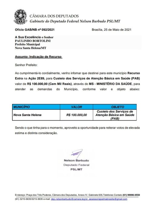 Vereador Cleyton Zanatta pede e deputado Nelson Barbudo libera R$ 100 mil reais para custeio da saúde de Nova Santa Helena